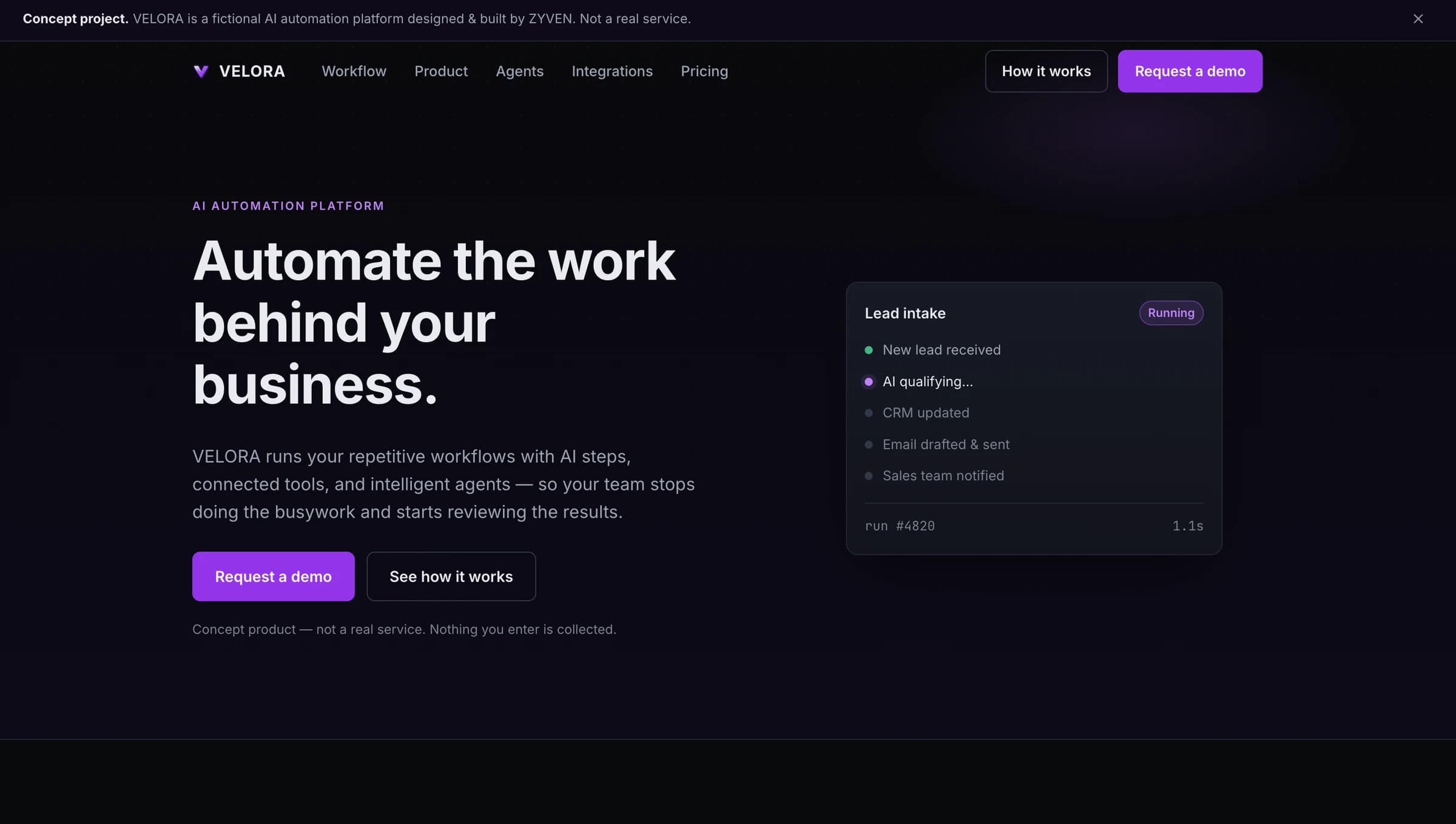 Desktop homepage design for VELORA — a concept AI automation platform for connecting tools and building intelligent workflows, designed and built by ZYVEN.