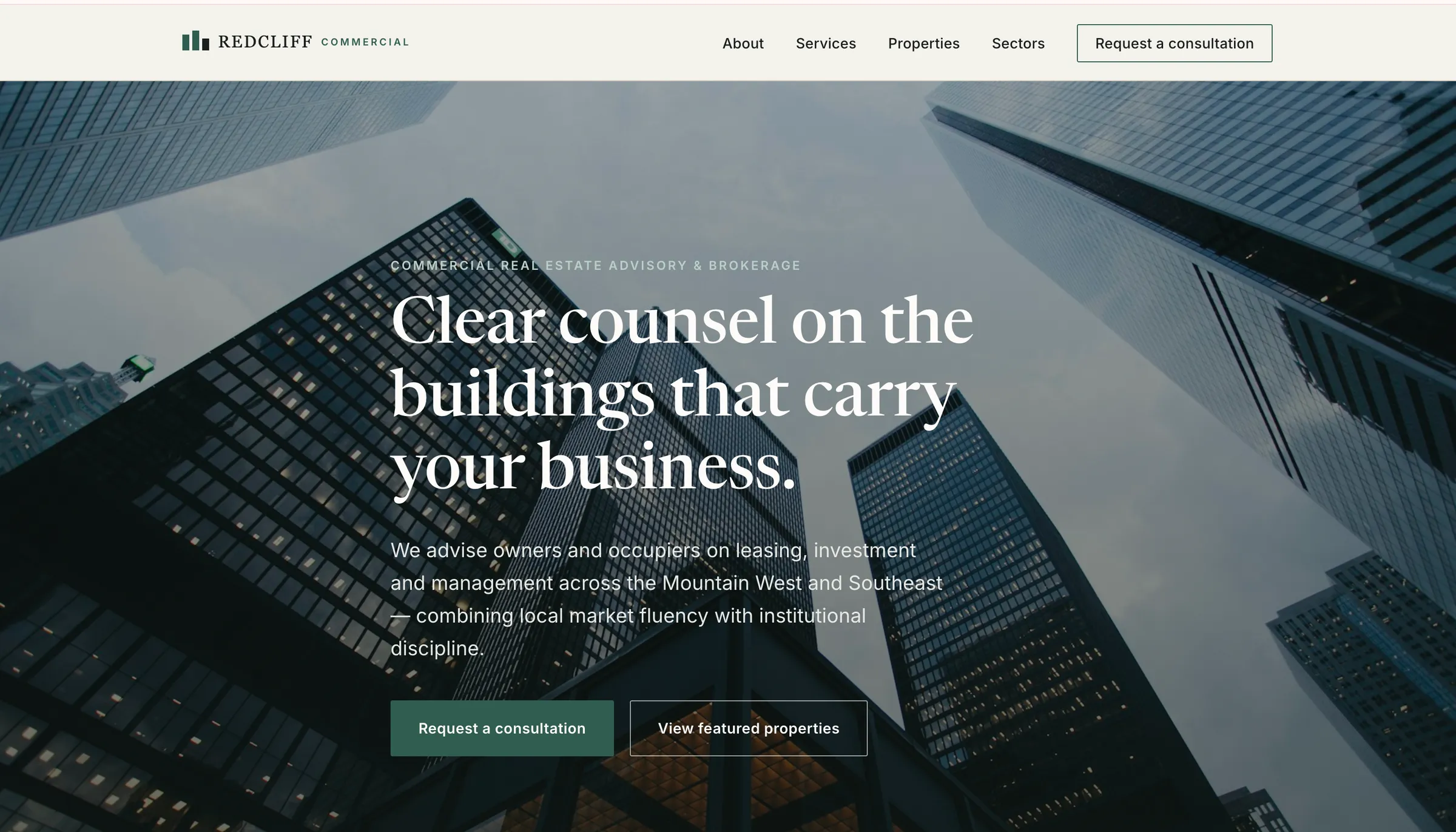 Desktop homepage design for Redcliff Commercial — a concept commercial real estate advisory and brokerage website designed and built by ZYVEN.